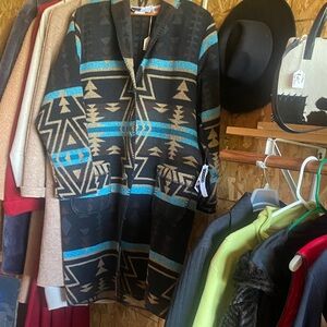 Geometric Blanket Patterned Coat with Teal and Tan Accents